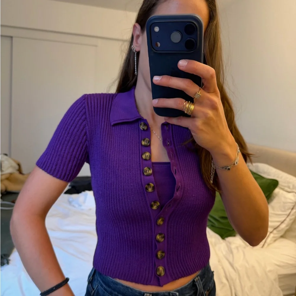Purple Button-Up Ribbed Top - Picture 4 of 6